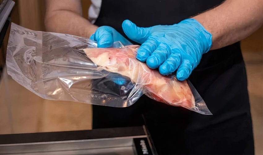 homem pega em embalagens em vácuo